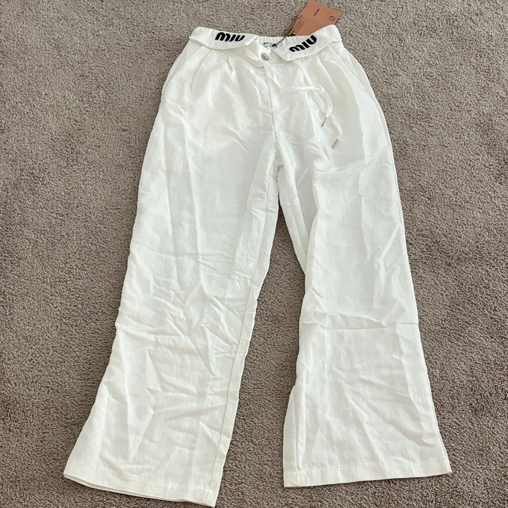 Mi White Wide-Leg Linen-Blend Pants with Logo Waistband